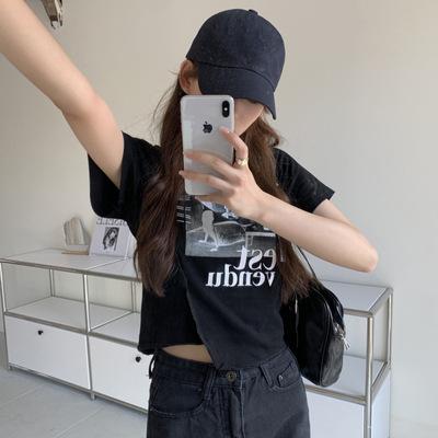 

Design short-sleeved t-shirt women s summer new Korean version slim and thin short student top women s clothing M чёрный
