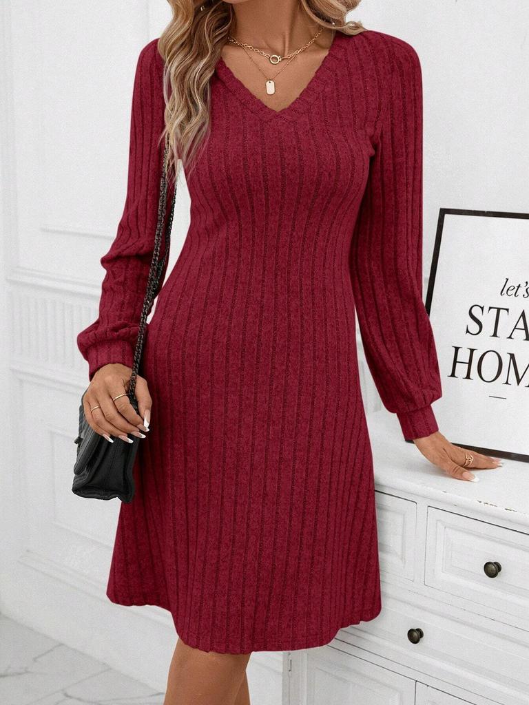 Womens V Neck Fall Dresses Long Sleeve Casual Sweater Short Dress Fashion Clothes