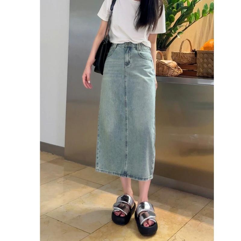 Split Denim Half-body Skirt Women's Summer High Waist Mid-length Denim Skirt A-line Skirt