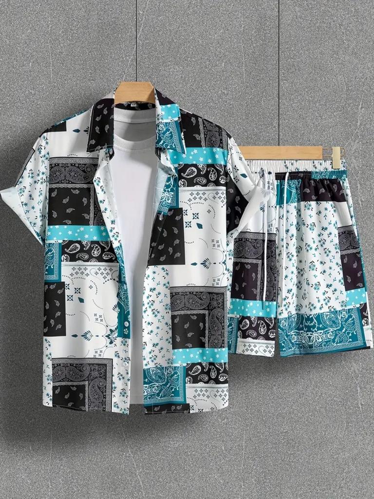 Men's Summer Paisley Pattern 3D Print Shirt and Shorts Set, Vintage Ethnic Style Hawaiian Shirt