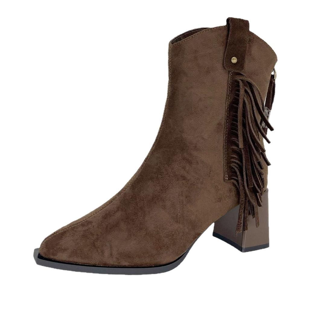Yueyu 2025 new retro thick heel Martin boots women's pointed suede medium heel short boots fringed boots western cowboy boots