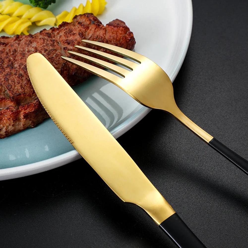 24Pcs Black Gold Western Dinnerware Set Stainless Steel Cutlery Set Fork Knife Spoon Tableware Set Flatware Set Silverware Set