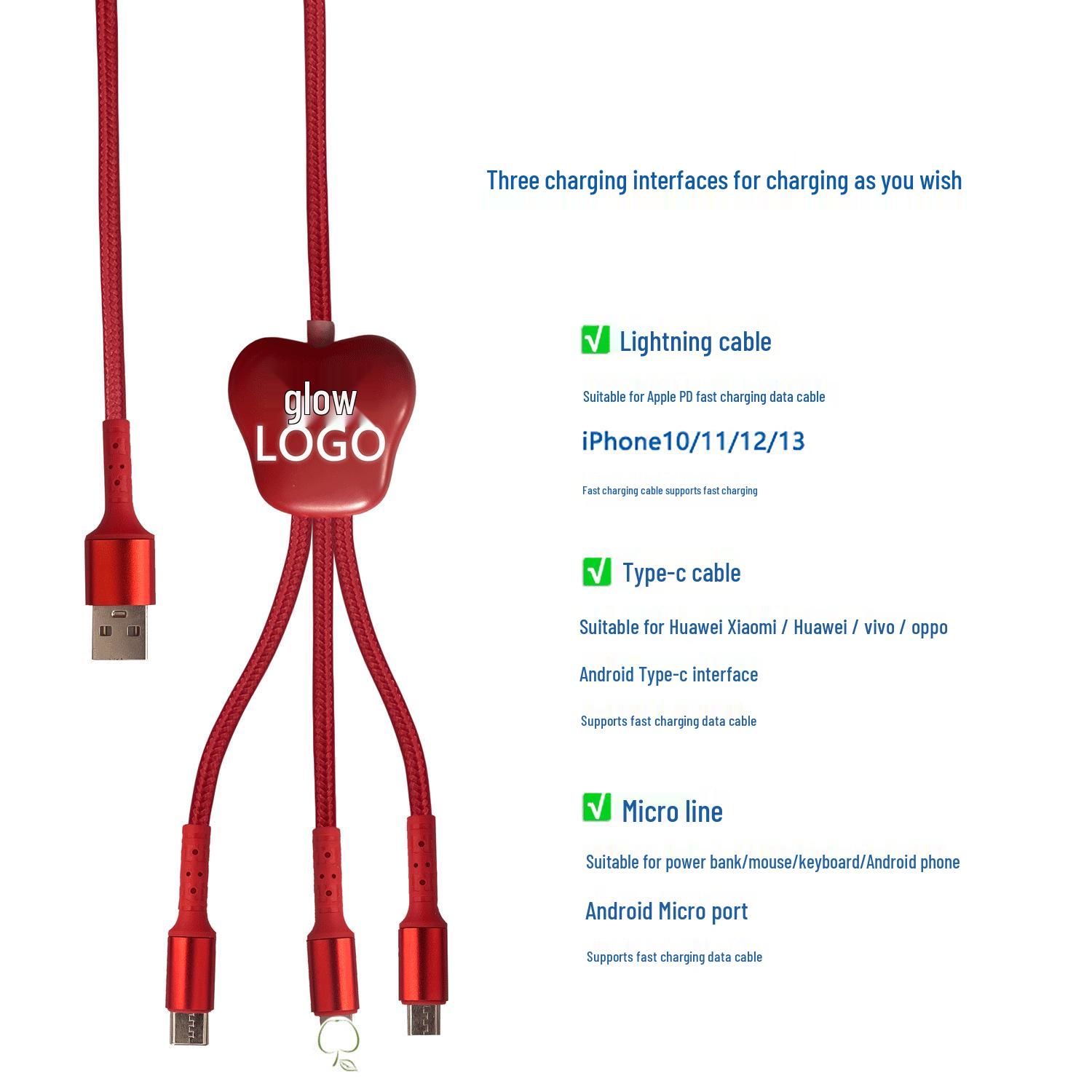 LED Light Fast Charging One-to-Three Cable with Luminous LOGO