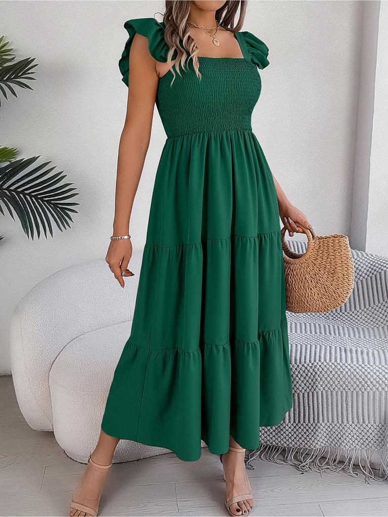 Square Neck Solid Color Dress High Waist Elegant Ruffle Edge Dress for Women Sleeveless Loose Dresses Causal Dress