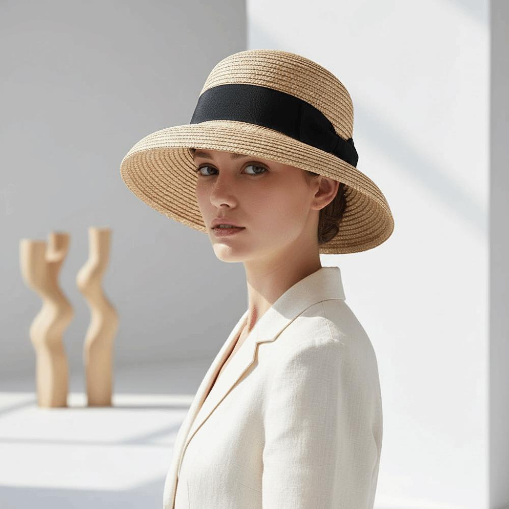 Grosgrain Ribbon Trim French Style Sun Hat Breathable Round Top Straw Topper Outdoor Horse Racing