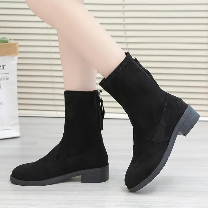 Autumn Winter 2024 New Shoes Women Thick-Soled Casual Plus Size 43 Black Suede Short Boots Fashion Women Boots