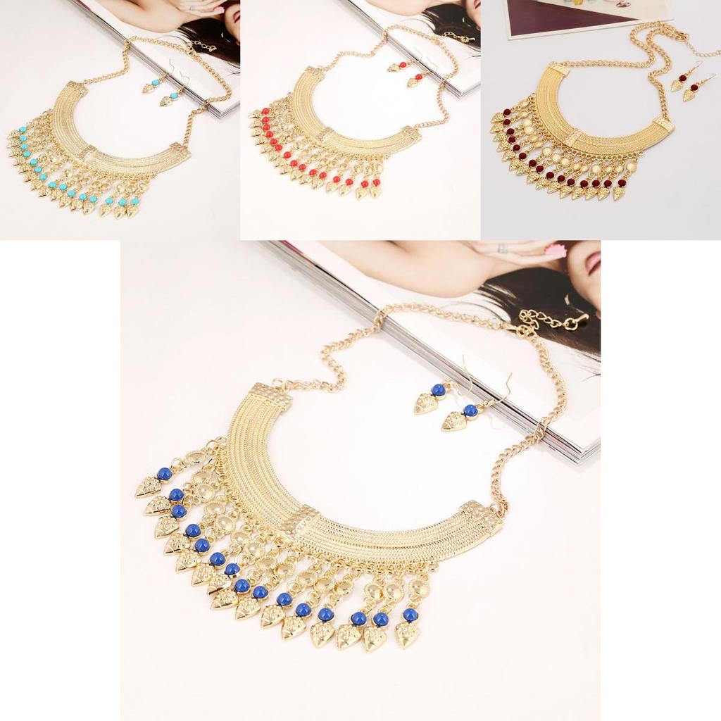 European Boho Tassel Necklace With Layered Chain And Gemstone Details For Trendy Looks