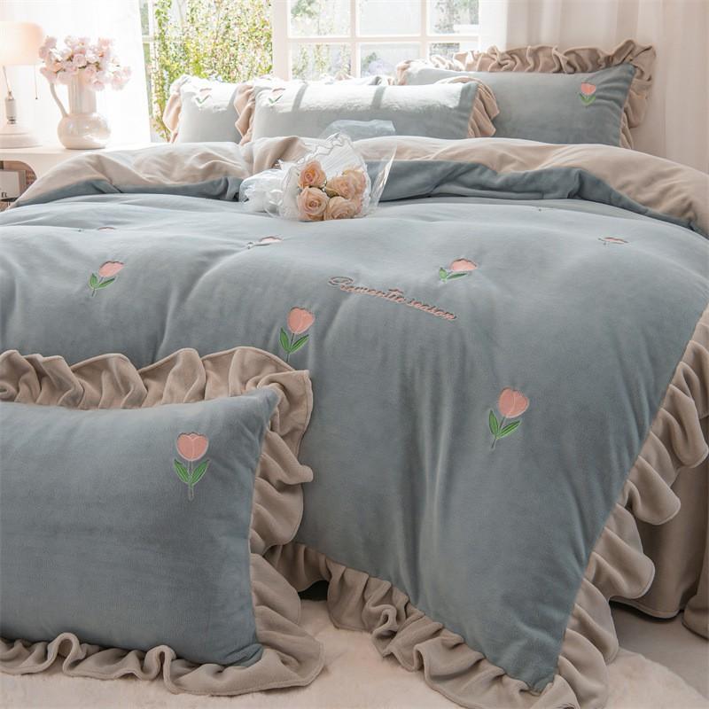 Milk Velvet Bedding Set Winter Thick Flannel Coral Fleece Sheet Solid Color Princess Style Bedroom Decor