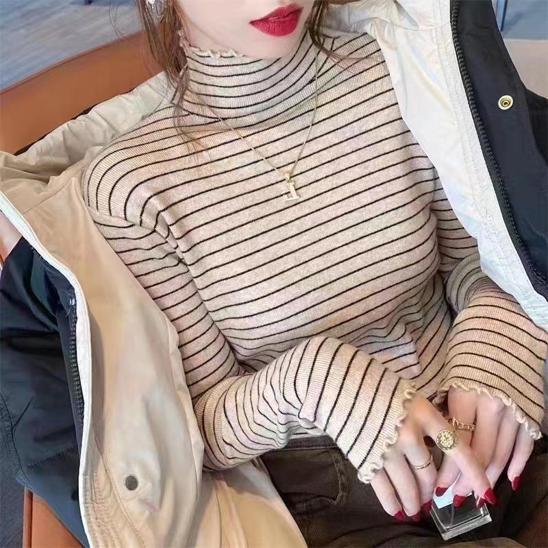 Sweater Women's Winter Velvet Thickened Semi-turtleneck Bottoming Shirt with a New Integrated Velvet Fungus Edge Knitted Top