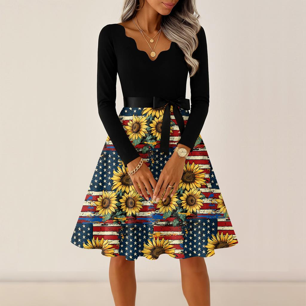 Ladies' Casual and Fashionable V-neck Long Sleeved Retro Independent Day Print Retro Dress
