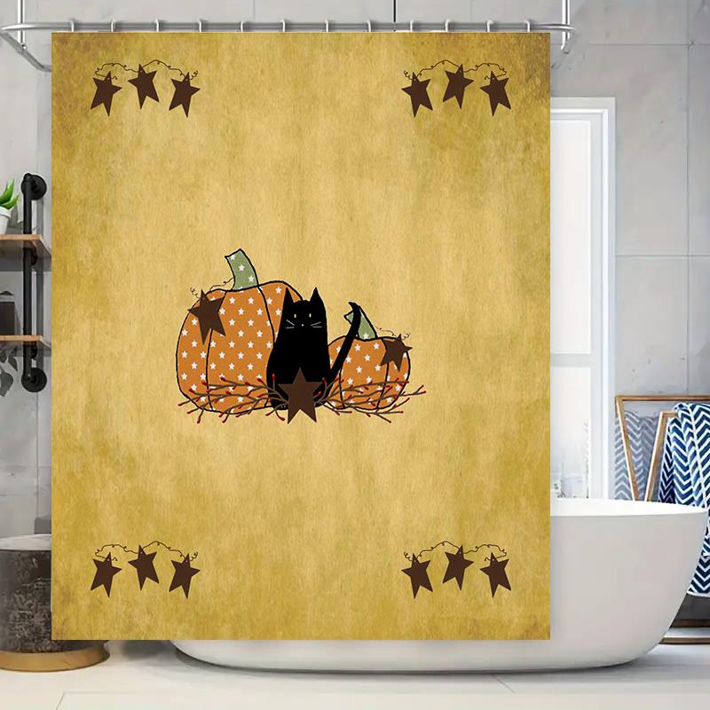 

Spooky Pumpkin Cat Shower Curtain Halloween Decorative Fabric Bathroom Set Home Decoration for Kids Gift Yellow with Black Cats 90x180cm
