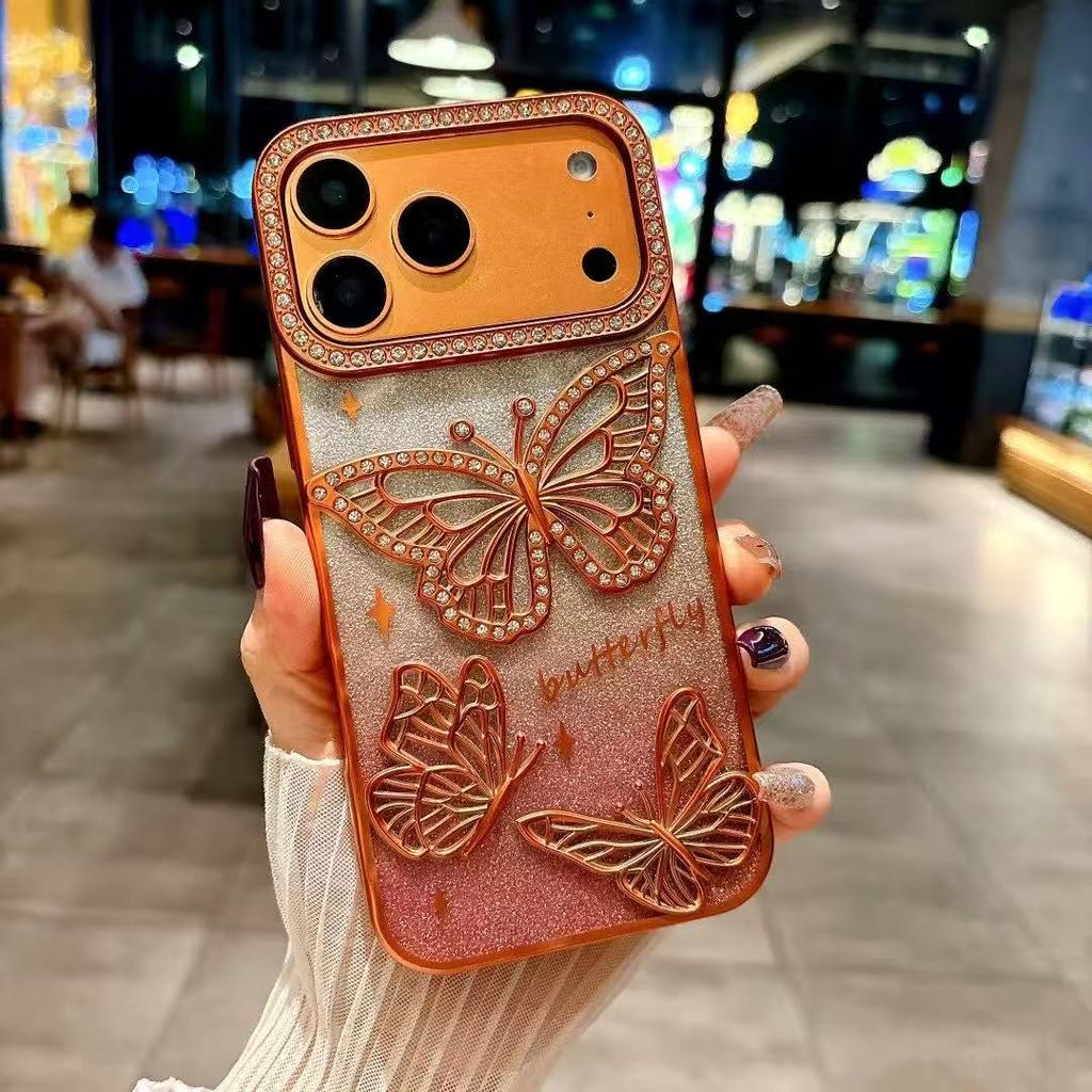 Women Girl's Diamond Butterfly Phone Case for iPhone 17 16 Pro Max 11 12 13 14 15 Plus Transparent Plating Soft Silicone Cover