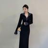 Women's Slim Fit Knitted Polo Collar Long Dress - Contrasting Color, Cinched Waist, Autumn/Winter Style