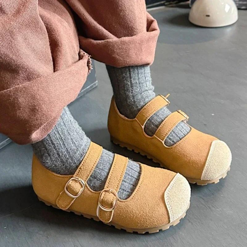 Kids Flat Shoes Spring Autumn Retro Patchwork Girls Leather Shoes 2025 New Non-slip Children's Causal Shoes Round-toe Hook Loop