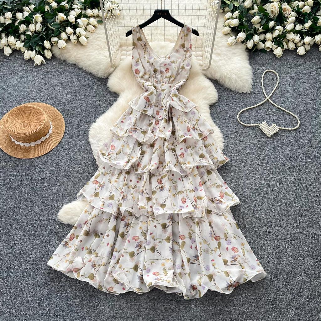 Summer Vacation Floral Printed Halter Chiffon Tiered Maxi Dress for Women Sexy V-Neck Backless Lace-up Ruffles Holiday Long Dress