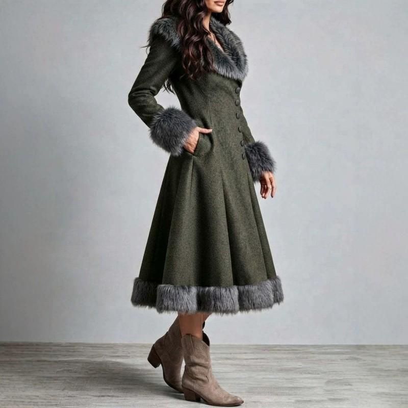 Womens Boho Western Wool Blend Long Coat With Removable Faux Fur Collar Slim Fit