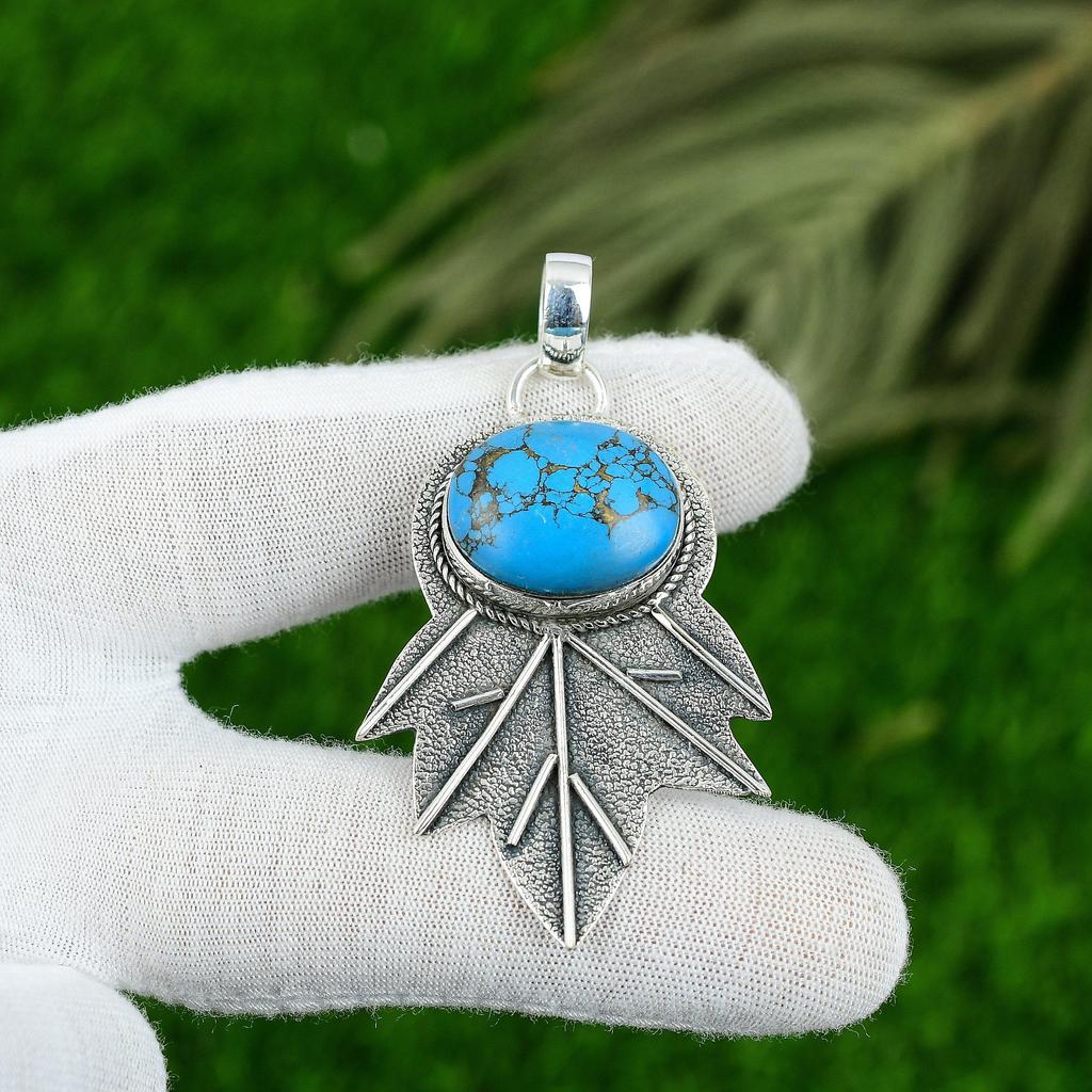 Natural Tibetan Turquoise Gemstone Pendant 925 Sterling Silver Indian Jewelry