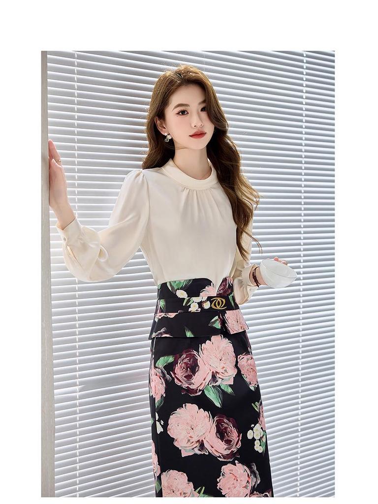 2025 Spring Fashion Slim Fit Long-Sleeve Shirt & Midi Skirt Set