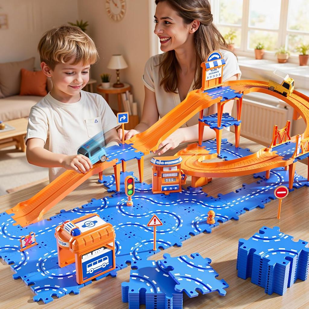 Puzzle Race Car Track Set for Kids 3-5, Floor Puzzle Track Car Set, Toddler Toys for 3 4 5 6 Years Old Boys