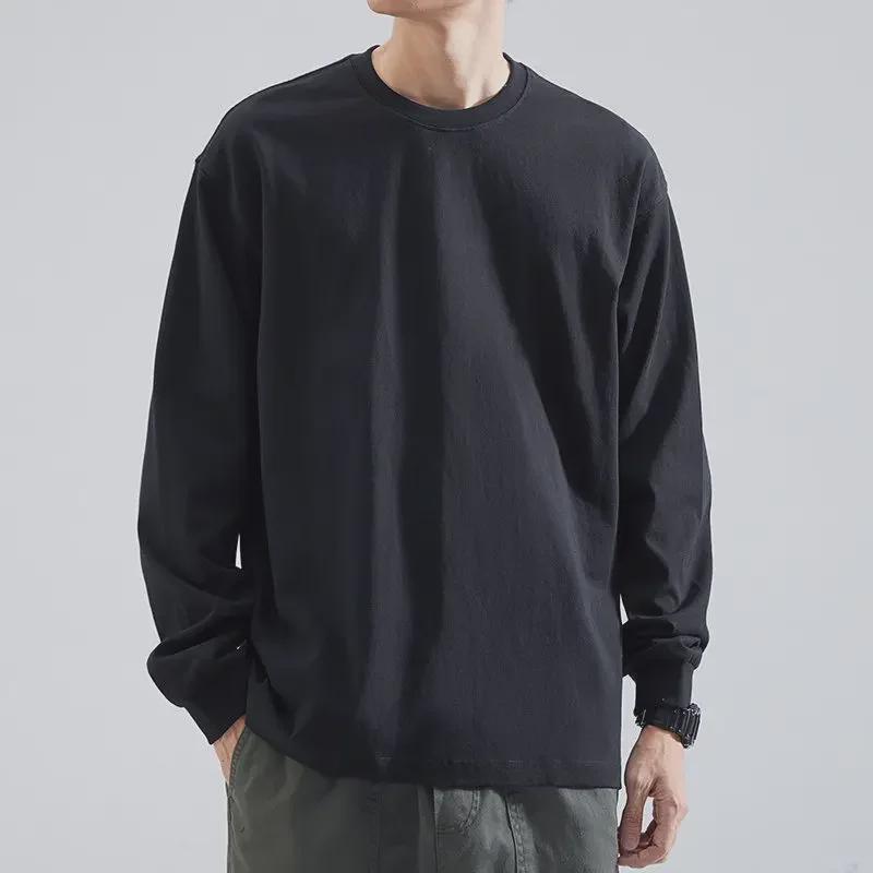 Tricou alb pentru bărbați, cu mânecă lungă, lejer, cu guler rotund, pentru primăvară și toamnă