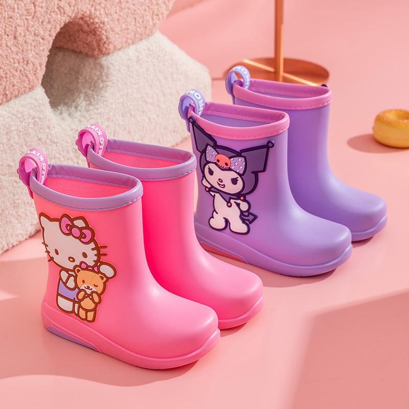 Children's Rain Boots with Fleece Lining Kuromi Cinnamoroll Hello Kitty Girls' Rain Boots Non-Slip Kids' Rubber Shoes