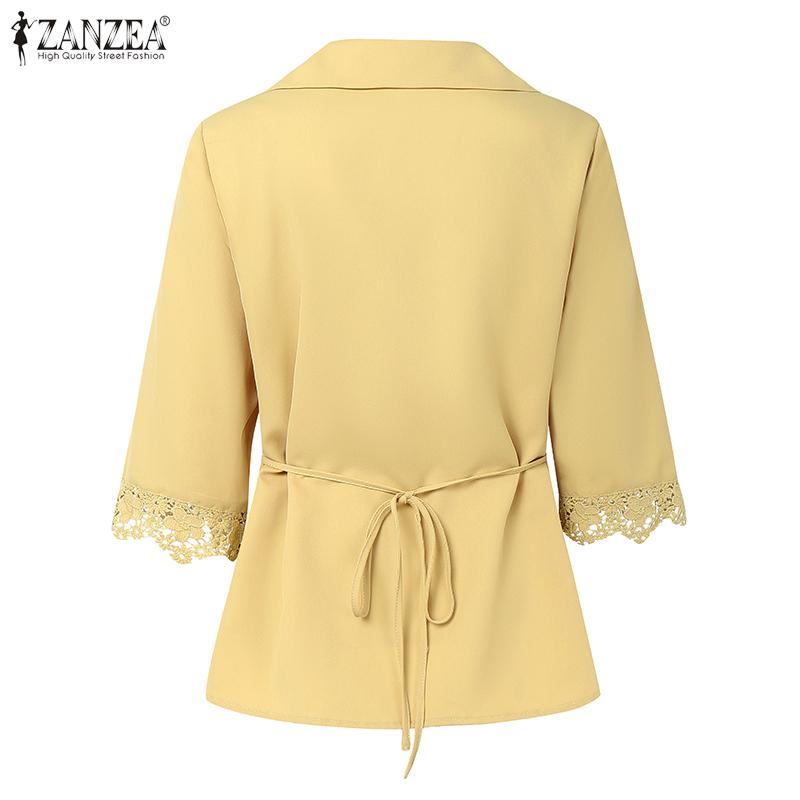 ZANZEA Women Elegant Shirt Collar 3/4 Sleeve Crochet Lace Patchwork Blouse