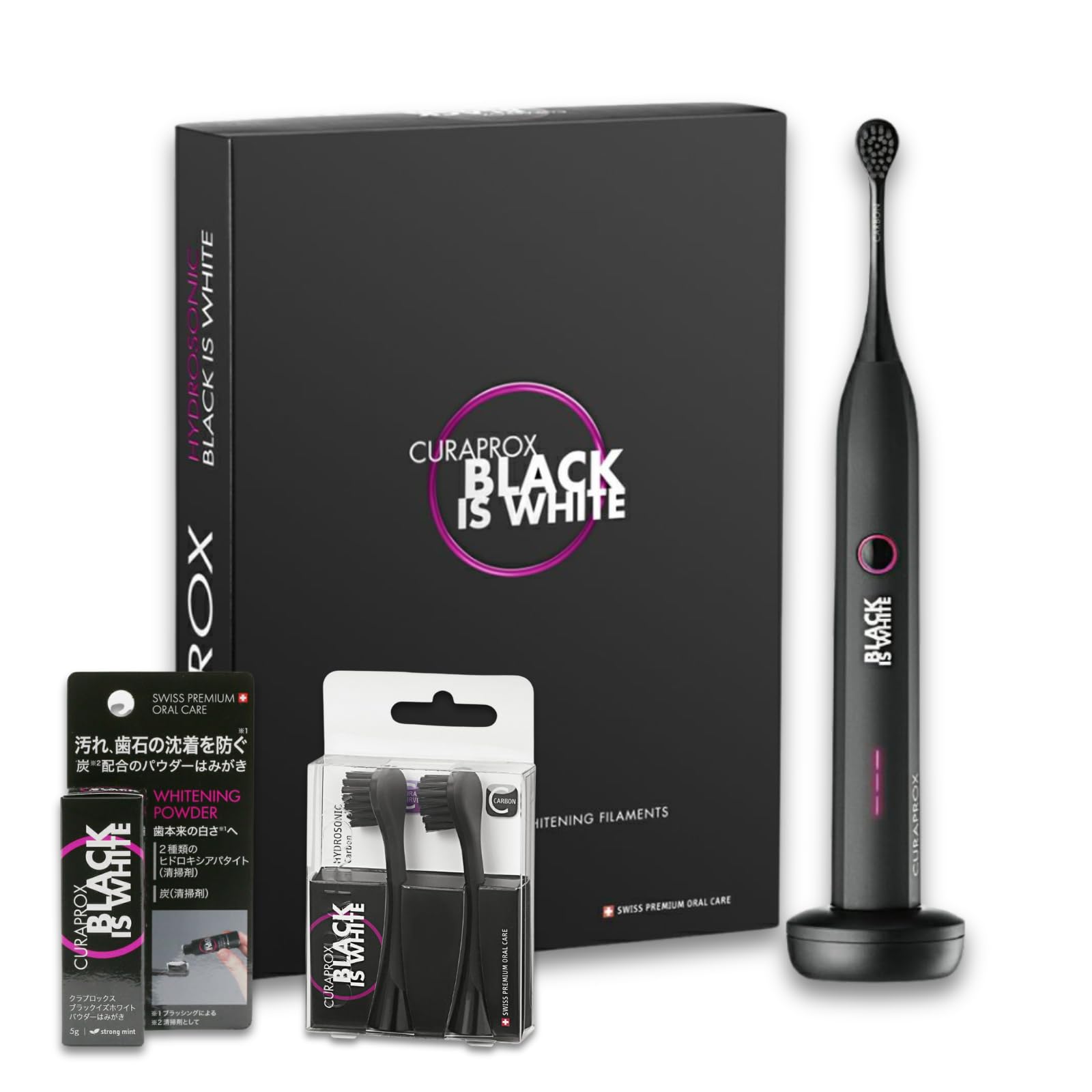 CURAPROX Black is White 1 Sonic Electric Toothbrush 5g Toothpaste Powder 2 Replacement Brush Heads [3-Piece Set] + + чёрный