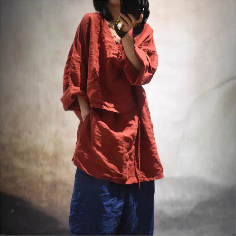 Johnature Women Vintage Shirts V-Neck Long Sleeve Tops Solid Color Spring Button Chinese Style Women Long Shirts