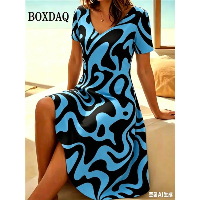 New Women's Short Sleeve V Neck Dress Casual Abstract Painting Pattern Home Dress Summer Fashion Plus Size A Line Dress