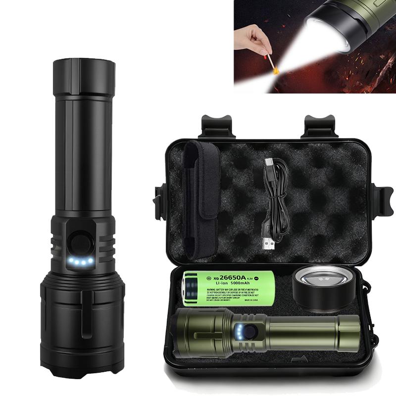 Powerful LED Flashlight USB C Rechargeable with Fresnel Lens Flashlight Super Bright Aluminum Zoom Torch Emergency Power Bank