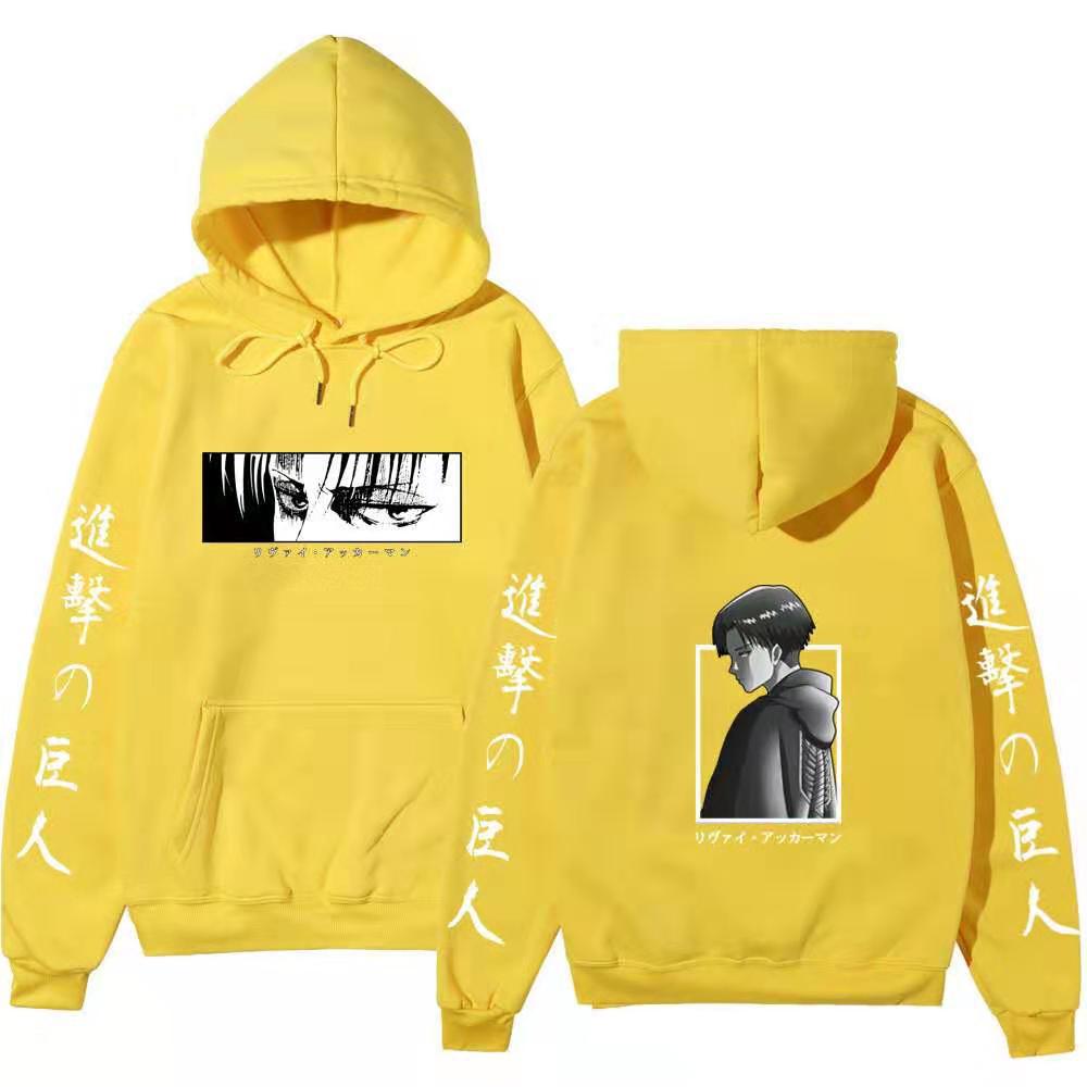 Attack On Titan Levi Ackerman Hoodie Unisex Fleece Sweatshirt Front Manga Eyes Print, Back Levi Portrait, Japanese Sleeve Text Autumn Winter Pullover