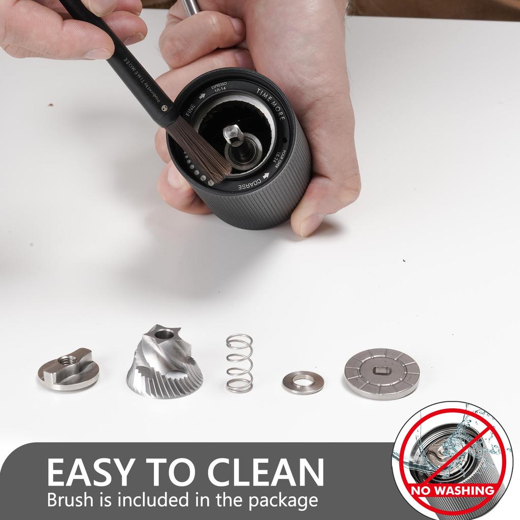 TIMEMORE C2S Manual Coffee 36 Levels of Coarseness Easy to Stainless Black Grinder, Adjustment, Lightweight, Portable, Clean, Steel, (Brush Included)