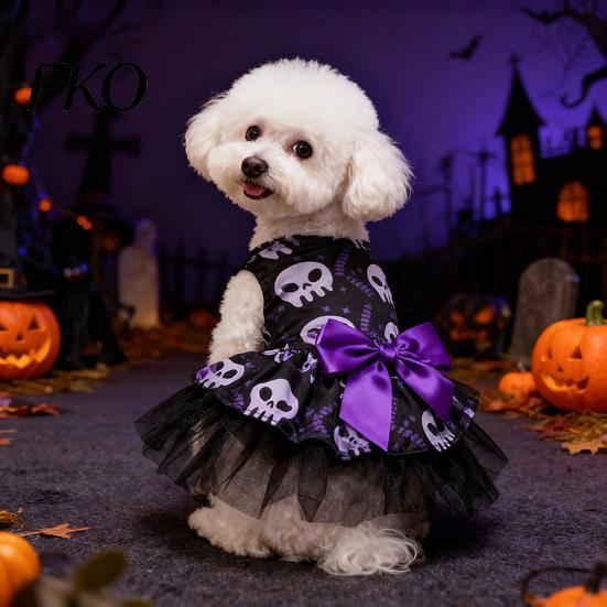 Sleeveless Dog Dress Halloween Tulle with Bow, Skull Print Pet Outfit, Daily Wear Costume Girl Party for Small Dogs Cats Lightweight Clothes