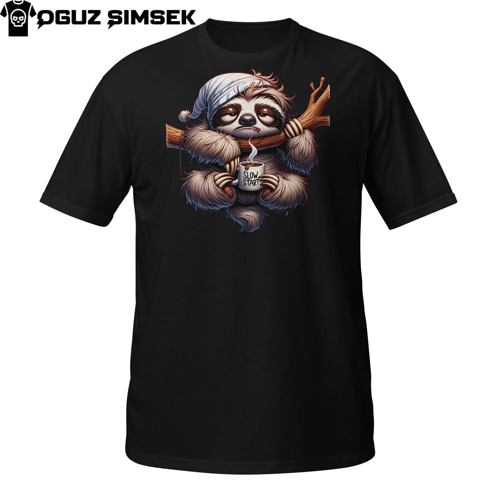 Sleepy Sloth Coffee T-Shirt Mens Womens Tees Top | Funny Lazy Morning Animal Tee 4XL