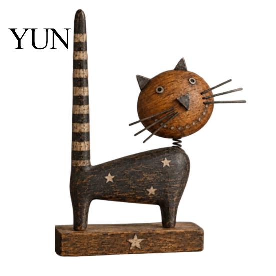 Artistic Retro Room Ornament Rustic Wooden Cat with Spring Shaking Head for Farmhouse Tabletop Cute Figurine Shelf Decor, Handcrafted Folk Art Animal