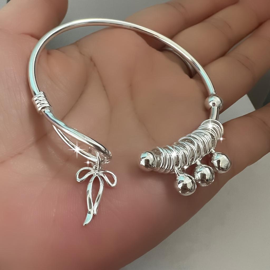 S999 Silver Bow-shaped Bracelet, Fashionable Open Bracelet, Adjustable Bracelet Suitable for Women, Anniversary, Valentine's Day, Mother's Day,