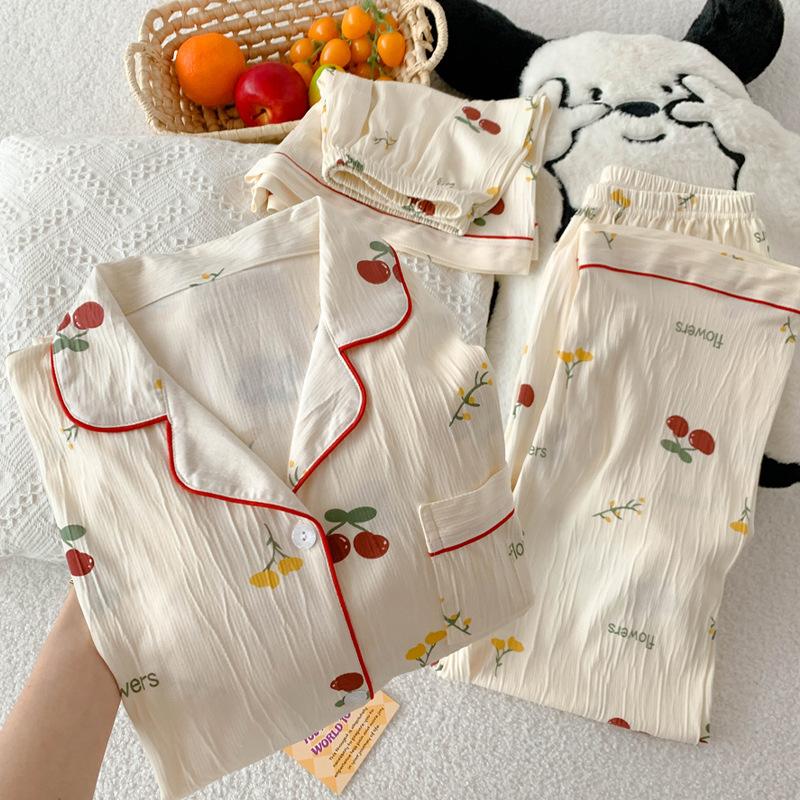 

Пижама Сладкая Вишня Женская Летняя с Коротким Рукавом Кардиган Домашняя Одежда Набор из Трех Предметов Можно Носить На Улицу M