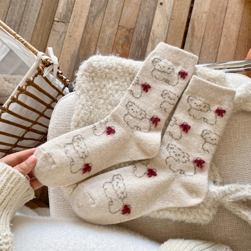 Winter Socks for Girls, Cartoon Puppy Plush Bow Wool Socks, Cute Mid-calf for Girls, Warm Girls