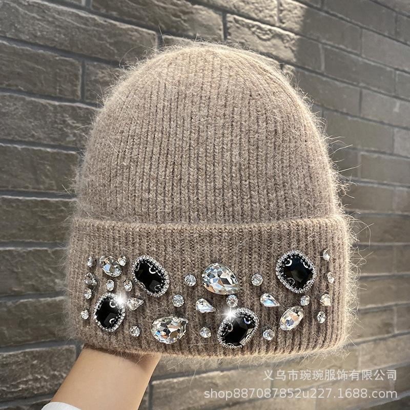 Trendy Fashion Rhinestone Wool Hat Women's Group Style Versatile Pullover Cold Hat Autumn and Winter Warm and Cold-proof Knitted Hat