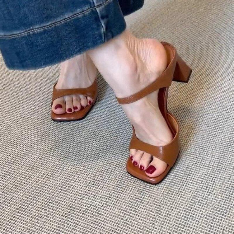 2025 Summer Women Square Toe Slippers Fashion Thick High Heel Dress Slides Ladies Outdoor Dancing Party Shoes