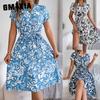 Spring Summer Casual V-neck Button Bat Sleeve Flower-patterned Dress for Women