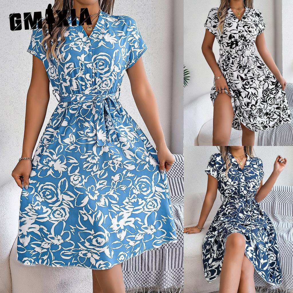 GMXIA Spring Summer Casual V-neck Button Bat Sleeve Flower-patterned Dress for Women
