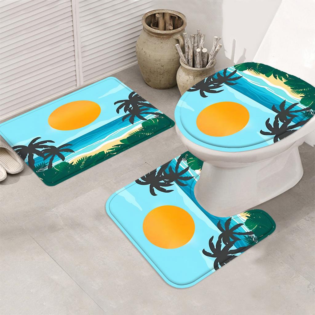 4pcs Shower Curtain Set with 12 Hooks -Shower Curtain, Bath Mat, Toilet Seat Cover And U-Shaped Rug - Machine Washable Bathr