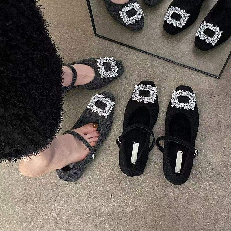 Inner Heightening Rhinestone Suede Black Single Shoes Women's Shoes with Skirts Plush Mary Jane Fluffy Shoes 2025 Autumn and Winter