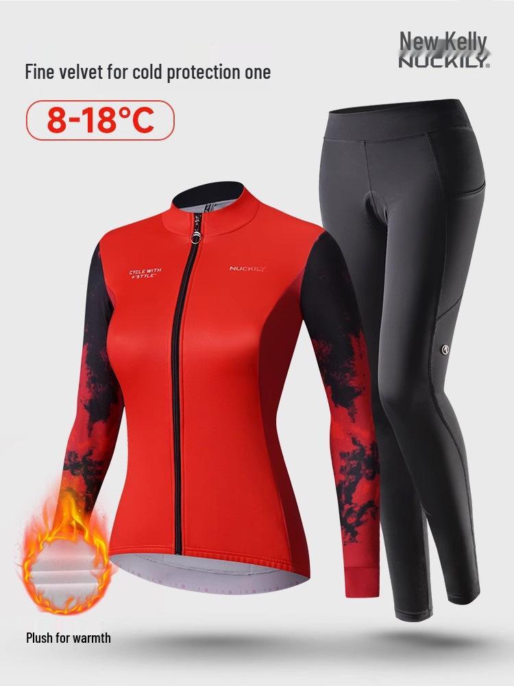 Women's Long Sleeve Fleece Cycling Suit - Autumn/Winter Mountain Bike Outfit