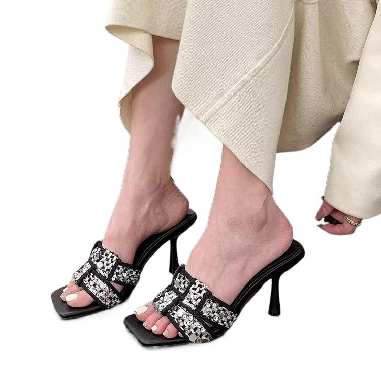 2025 Summer New Women's Slippers Fashion Open Toe Braided Women's Shoes Casual Designer Beach Women's Stiletto High Heels