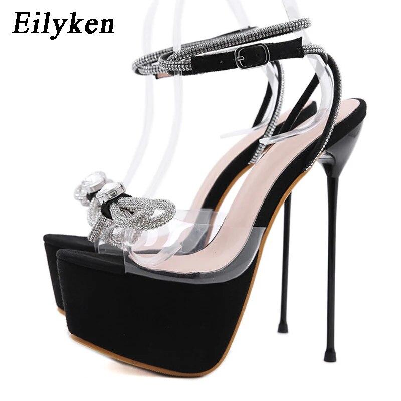 Eilyken Design PVC Transparentní Platforma Dámské Sandály 2024 Summer Sweet Butterfly-Knot Crystal Sponka Pásek Vysoké podpatky Boty