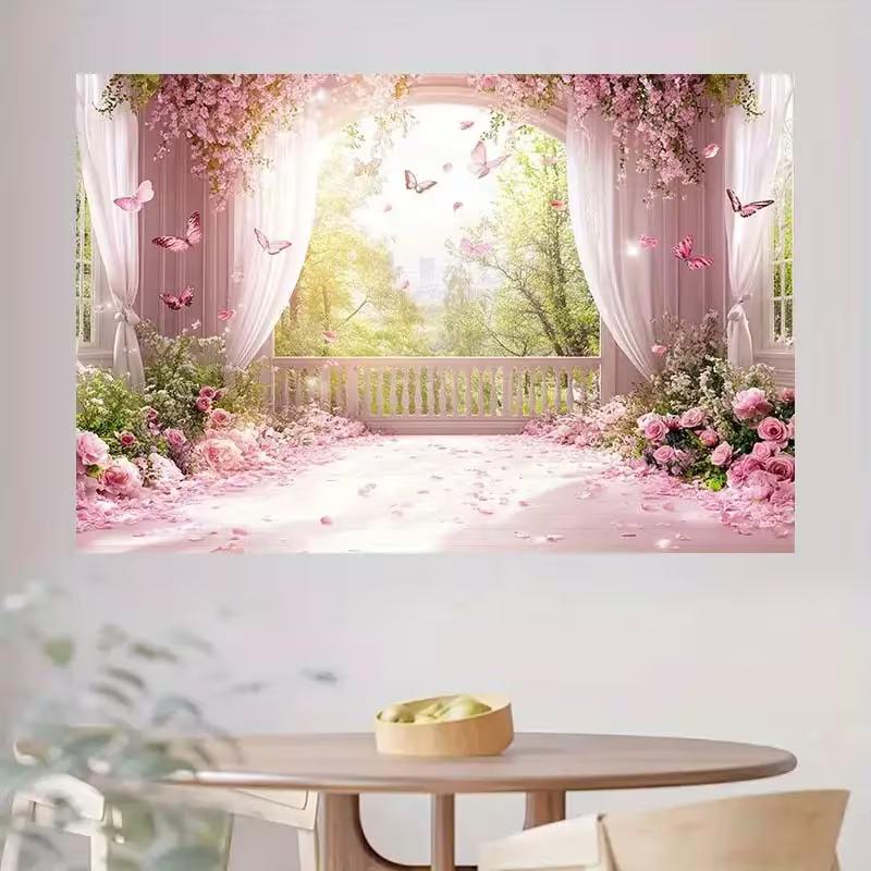2D Spring Garden Balcony Backdrop - Romantic Photography Background for Party
