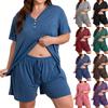 Plus Size Women's Two Piece Lounge Set Short Sleeve V Neck Top with Button Detail Elastic Waist Shorts Casual Sleepwear Set