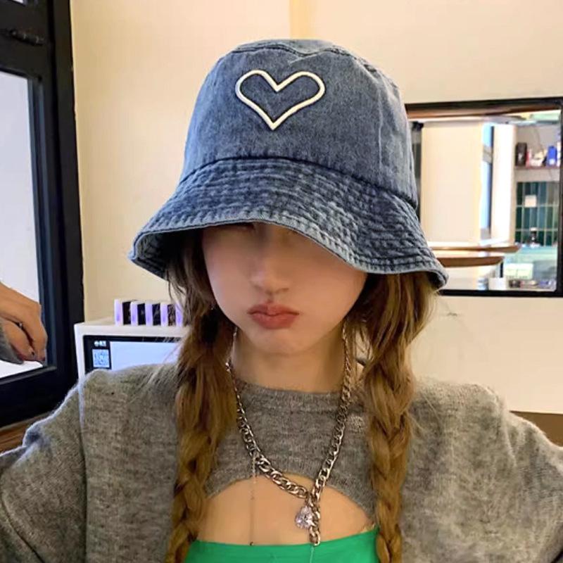 Versatile Street Hat Women Wash Old Denim Bucket Hat Love Embroidery Show Washbasin Hat Tide